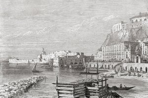 De kade van Santa Lucia, Napels, Italië in de late 19e eeuw. Uit Italiaanse foto