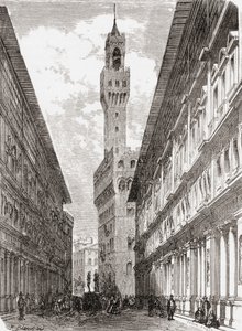 De Uffizi, het Palazzo Vecchio en beelden op Piazza della Signoria, Florence, Italië in de late 19e eeuw. Uit 