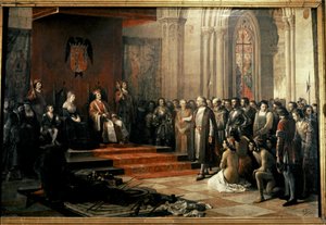 Columbus met de Katholieke Koningen (Isabella en Fernando) van...