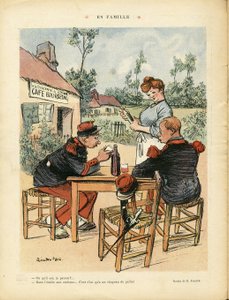 Illustratie van Ricardo Flores (1878-1918) in Le Lire, 08/08/08 - Familie - Leger, Restaurant Cafés, Wijn, Alcohol Alcoholisch - Koffiejongen, Serveerders Serveerders, Soldaten