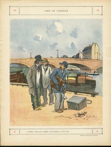 Illustratie van Ricardo Flores (1878-1918) in Le Rire, 05/10/12 - Bij de kapper - Parijs, Beroepen, Stedelijke architectuur, Brug, Rivier - Hond, Kapper