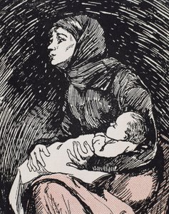 Kerstavond. 1900. Een magere vrouw met haar kind in haar armen (gravure) door Ricardo Maria Navarrete