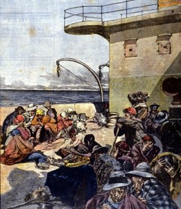 Italiaanse emigratie naar Canada; de reis aan boord van de Lake Megantic verliep onder vrij moeilijke omstandigheden. Ill. door R. Pellegrini. La Domenica del corriere. 02/06/1901.
