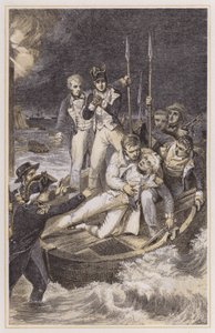 Nelson door de arm geschoten (gekleurde gravure) door Richard (after) Westall