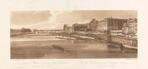 Zicht op het Louvre en de Brug van de Thuilleries, genomen vanaf Pont Neuf. 1802; Plaat 2 uit Zichten in Parijs, het Emanuel Volume Tracering van de plaat, B1981.25.2613 door Richard Banks Harraden