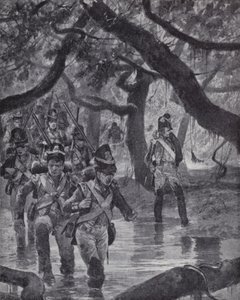 Britse soldaten steken de moerassen van de Essequibo-rivier over in Brits Guyana