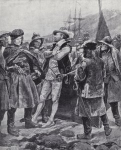 Sir Humphrey Gilbert ontdekt Newfoundland door Richard Caton II (after) Woodville