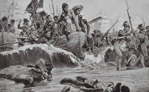 De Britse troepen forceren een landing bij Aboukir Bay tegenover de Franse batterijen door Richard Caton II (after) Woodville