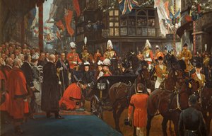 Koningin Victoria die Herbert Ashman, Esq., de eerste burgemeester van Bristol, tot ridder slaat in het raadhuis, 12 november door Richard Caton II Woodville