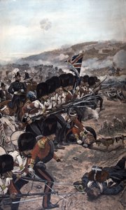 Een rij Coldstream Guardsmen met vaste bajonetten die onder vuur naar de vijand oprukken, Slag bij Alma, Krimoorlog (1854-56) 1896