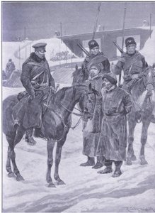 Arrestatie van Japanse spionnen ontdekt als koelies, illustratie uit Cassells History of the Russo-Japanese War Vol 1, ca. 1900 door Richard Caton Woodville