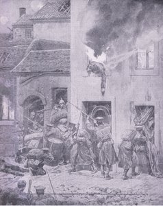 In gevecht met de vijand: Huis-aan-huis gevechten in Ieper, uit Geschiedenis van de Grote Oorlog Vol 3 gepubliceerd door Waverley Book Co Limited, ca. 1920 door Richard Caton Woodville