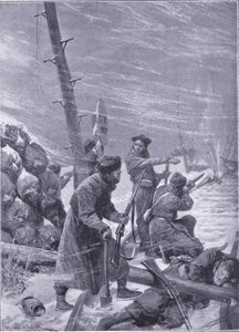 Aanval op de spoorweg door Chunchuses, illustratie uit Cassells History of the Russo-Japanese War Vol 1, ca. 1900