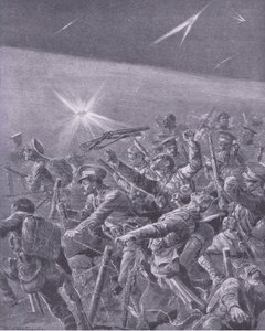 Gevangen in prikkeldraadversperringen: Nachtelijke aanval door Britse infanterie, uit Geschiedenis van de Grote Oorlog Vol 3 gepubliceerd door Waverley Book Co Limited, ca. 1920