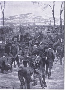 Japanse cavaleriekamp bij Seoel: Hoefsmid aan het werk, illustratie uit Cassells History of the Russo-Japanese War Vol 1, ca. 1900 door Richard Caton Woodville