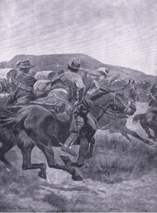 Yeomanry valt De Wets achterhoede en transport aan, uit Na Pretoria: De Guerrillaoorlog gepubliceerd door Harmsworth Bros Limited, 1901 door Richard Caton Woodville