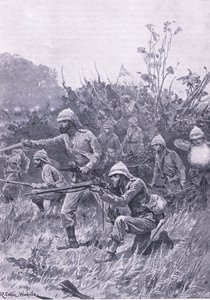 Opmars van de Britse troepen in de Ashanti-campagne van 1873, illustratie uit British Battles on Land and Sea, 1915 door Richard Caton Woodville junior