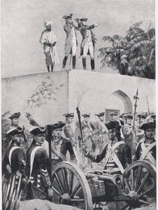 Slag bij Plessey, 23 juni 1757: Clive op het dak van Nawab Surat-ud-Daulas jachthuis, illustratie uit British Battles on Land and Sea, 1915