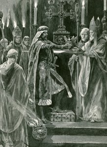 Richard I overhandigt de kroon aan de aartsbisschop voor de kroningsceremonie door Richard Caton Woodville junior