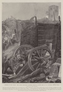 Roberts in de muiterij, de jonge luitenant omvergeworpen door een rond schot in batterij nr. 2, voor Delhi