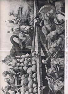 De Slag bij Plessey 23 juni 1757: De artillerie van de Nawab op zijn verplaatsbare platform, illustratie uit British Battles on Land and Sea, 1915