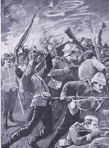 De verdediging van Rorkes Drift, illustratie uit British Battles on Land and Sea, 1915 door Richard Caton Woodville junior