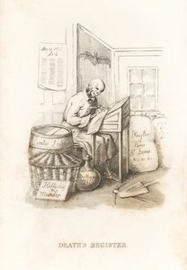 Het skelet van de Dood en zijn grootboek, 1827 (gravure)