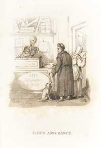 Het skelet van de Dood bij het verzekeringskantoor