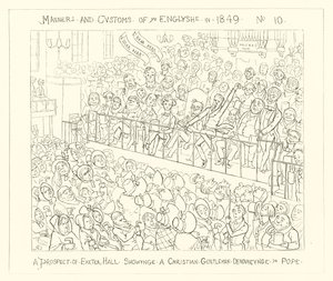 Een vooruitzicht van Exeter Hall toont een christelijke heer die de paus veroordeelt door Richard Doyle
