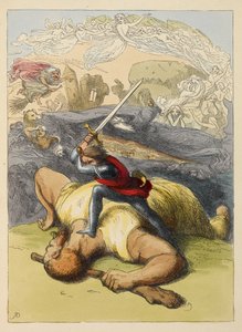 Jack die op het lichaam van een reus staat, met zijn zwaard omhoog. Kleurillustratie in een kinderboek. door Richard Doyle