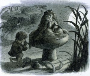 Een waterfee zittend op een paddenstoel wordt het hof gemaakt door een minnaar. In "Monde des fees" door Richard Doyle door Richard Doyle