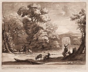 Liber Veritatis: Nr. 39, Een Landschap met Herder die Doedelzak speelt en Geiten die Grazen, 1774 door Richard Earlom