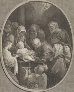 De besnijdenis van Christus, een groep mannen en vrouwen om hem heen, een engel op de voorgrond door Richard Earlom