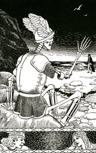 De dood als skelet die een man vaarwel zegt, ca. 1930 (litho)