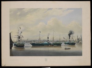 Aan de Humber Union Steam Packet Company deze gravure van het stoomschip Wilberforce in drie posities met een uitzicht op de haven en stad Hull door Richard G. Reeve
