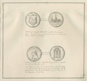 Lichfield - Medailles van Lichfield Kathedraal en het Stadswapen, en een portret van Richard Greene: pentekening door Richard Greene