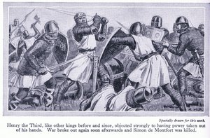 Hendrik III verzette zich sterk tegen het uit handen nemen van zijn macht. Er brak oorlog uit en Simon de Montfort werd gedood, ca. 1950