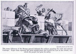 Het beleg van Carthago 146 v.Chr. Romeinse soldaten betreden Carthago, ca. 1950