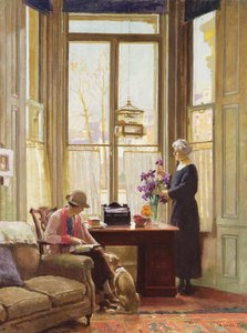 Interieur met twee dames en een hond