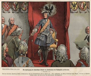 Frederik de Grote ontvangt eerbetoon van de Sileziërs in het stadhuis van Breslau