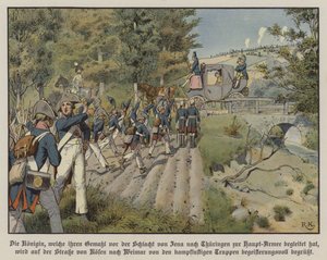 Pruisische soldaten begroeten Koningin Louise van Pruisen terwijl ze hen passeert op de weg van Kosen naar Weimar