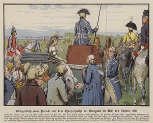 Koningin Louise van Pruisen bij een parade op het paradeveld in Stargard, mei 1798 (kleur litho)