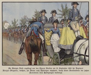 Koningin Louise van Pruisen inspecteert haar regiment Dragoons, Berlijn door Richard Knotel