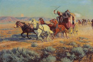 Postkoets achtervolgd door gemonteerde indianen, 1912 door Richard Lorenz