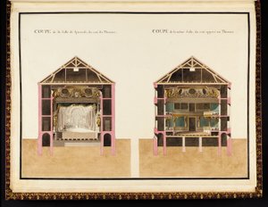 Doorsnede van de theaterzaal aan de kant van het theater & doorsnede van dezelfde zaal aan de tegenovergestelde kant van het theater, uit Recueil des plans du Petit Trianon door Richard Mique