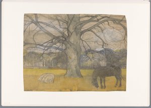 Kale beuk op een weide met schapen en een paard door Richard Nicolaüs Roland Holst