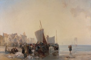 Een vismarkt bij Boulogne door Richard Parkes Bonington