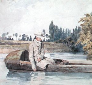 Een man die vist vanuit een boot op een rivier door Richard Parkes Bonington