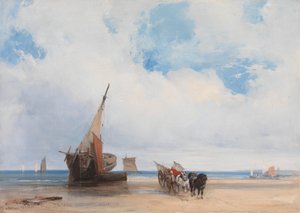 Gestrandde schepen en een wagen bij Trouville