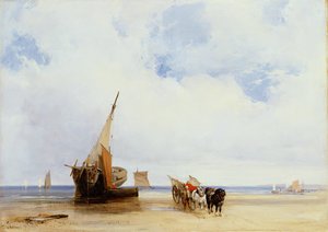 Gestrandde schepen en een wagen bij Trouville door Richard Parkes Bonington